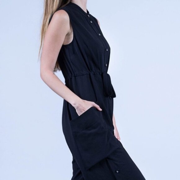 Malia Mills Black Cotton Wide Leg Button Up Drawstring Waist Jumpsuit Size 8 - Picture 5 of 14